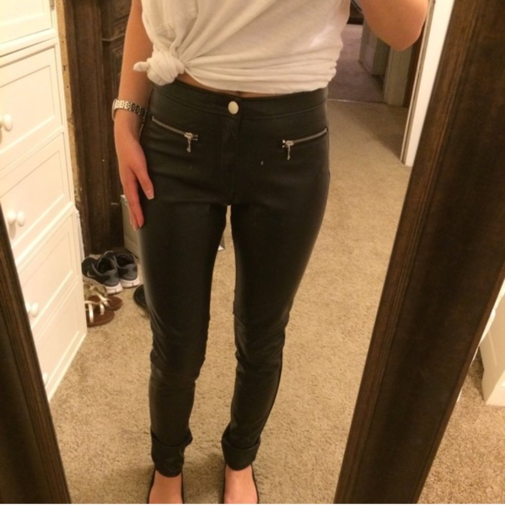 H&M Black Faux Leather Pants w/ Zipper Details Size 8